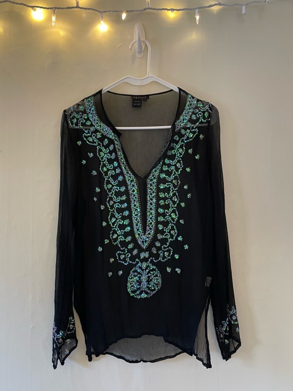 VENUS Black LongSleeve Embellished 100% Silk Y2K Top Tunic Beach Summer Cover - Picture 3 of 16